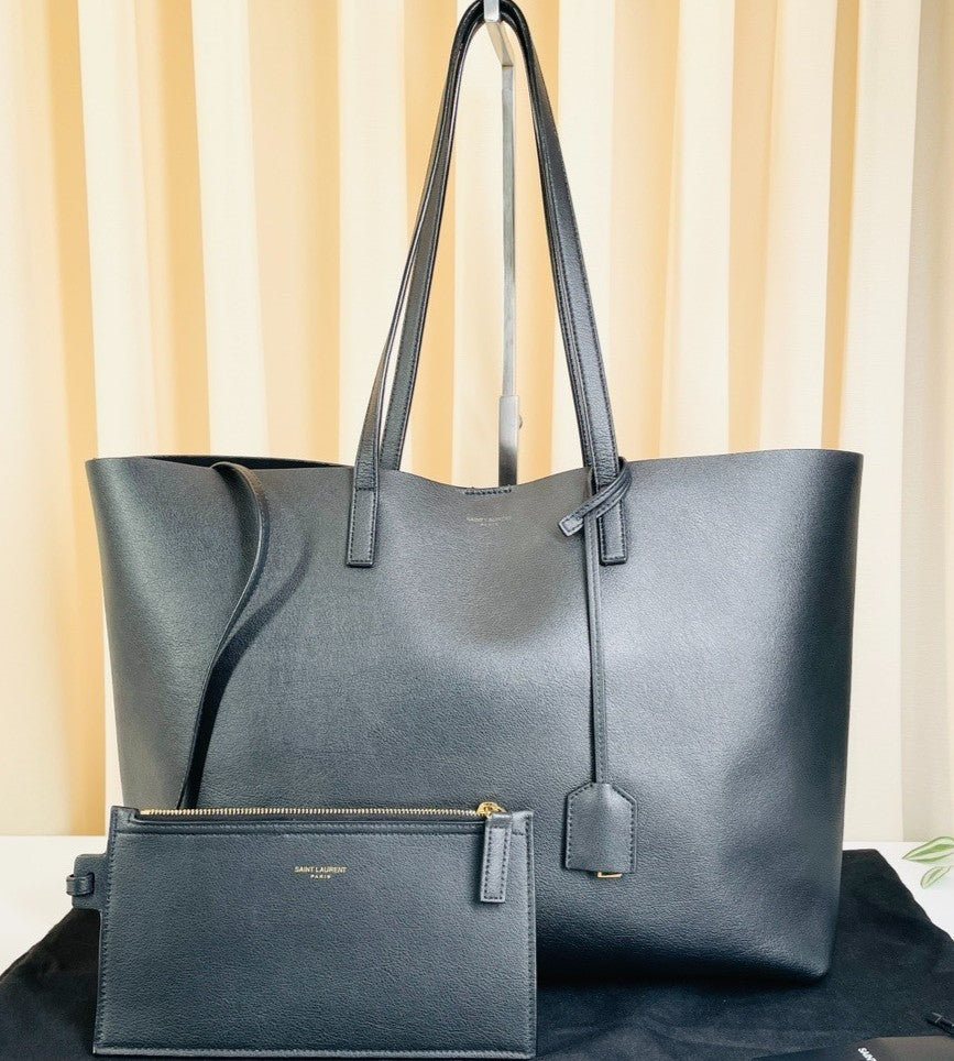 YSL Saint Laurent East/West Calfskin Leather Tote Shoulder Bag With Pouch Black