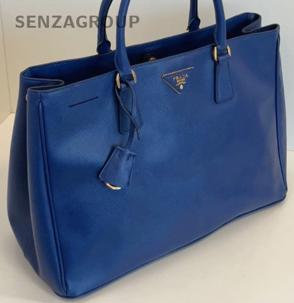 Prada Calfskin Top Handle Bag Blue Gold Used Women Classic Designer