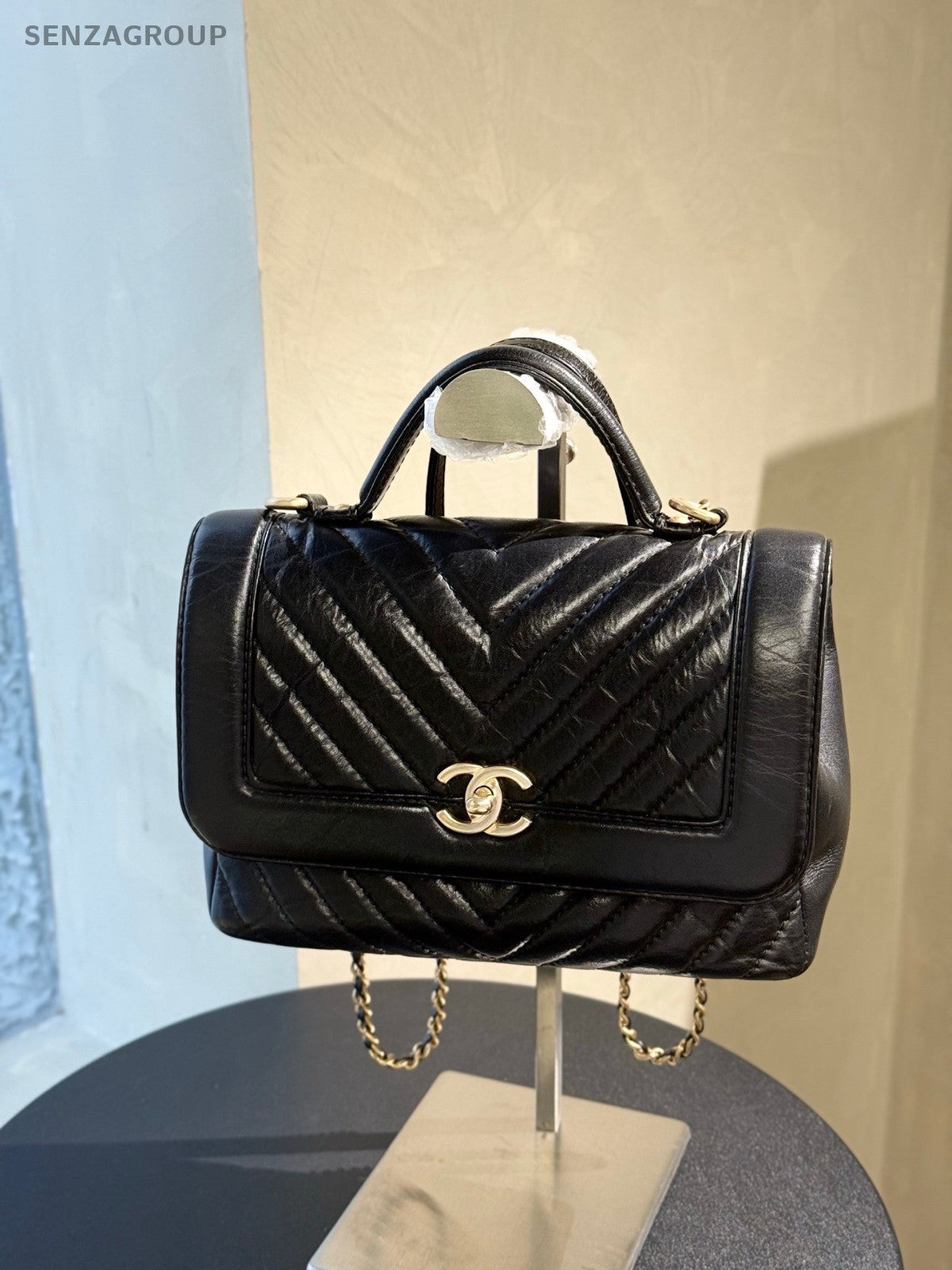 Chanel Classic Flap Top Handle Chain Shoulder Bag Black Gold Women Designer