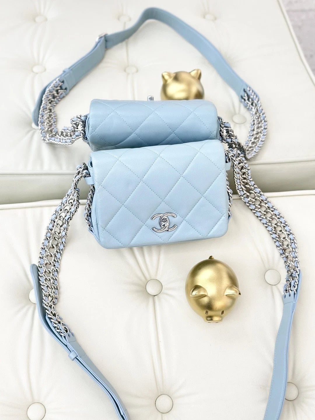 Chanel Chain Lambskin Shoulder Crossbody Bag Blue Silver Hardware Women S