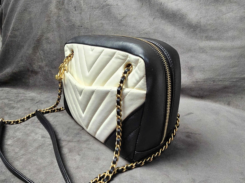 CHANEL Black White V Pattern Gold Button Camera Shoulder Bag Women