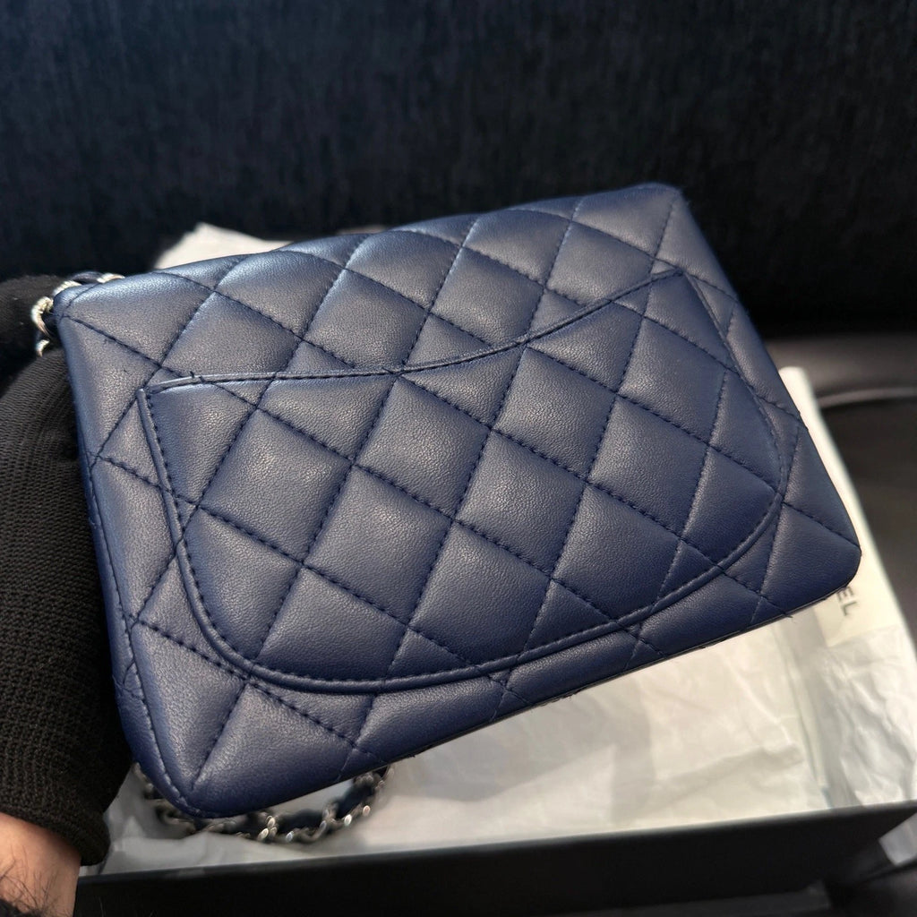Chanel Classic Flap Lambskin Chain Crossbody Blue Silver Diamond Women Fashion