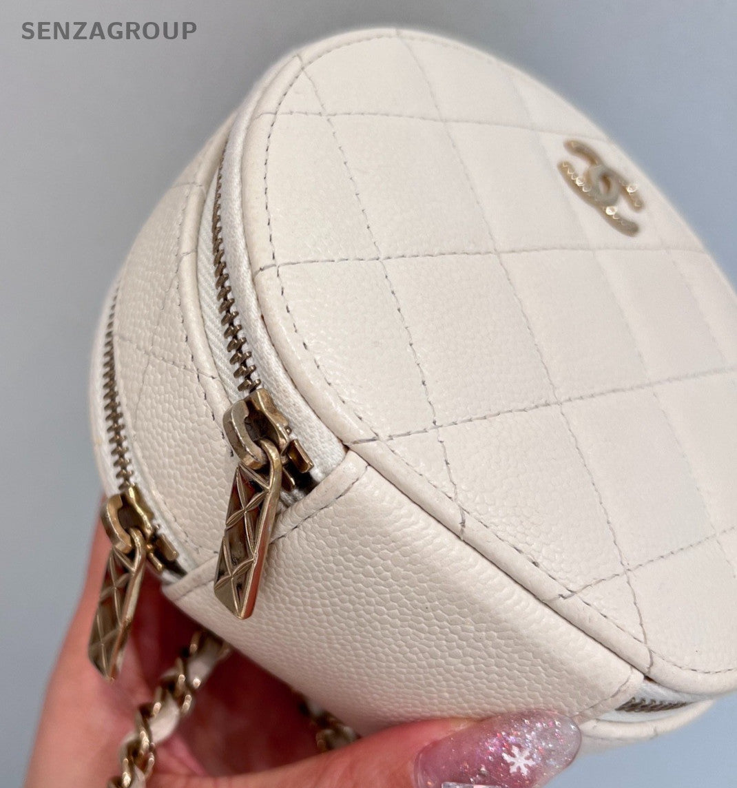 Chanel Diamond Calfskin Mini Round Bag Chain Crossbody White Gold Women Classic