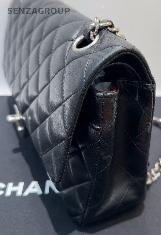 Chanel Classic Flap MM Lambkin Chain Shoulder Bag Black Silver Women Diamond