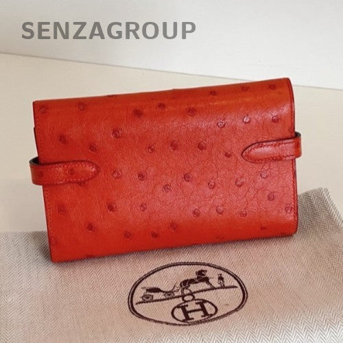 Hermes Kelly Wallet Chain Crossbody Orange Silver Used Women Classic Fashion
