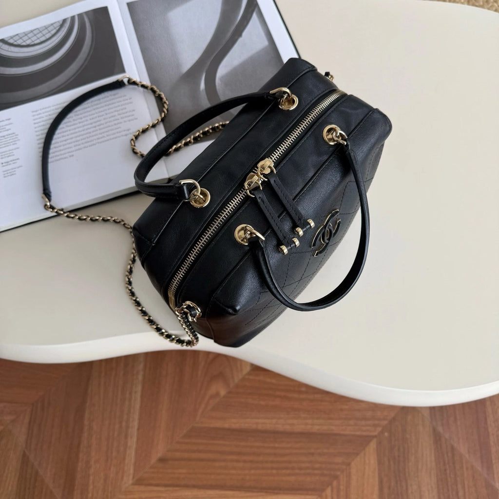 Chanel Bowling Calfskin Top Handle Chain Crossbody Black Gold Classic Women