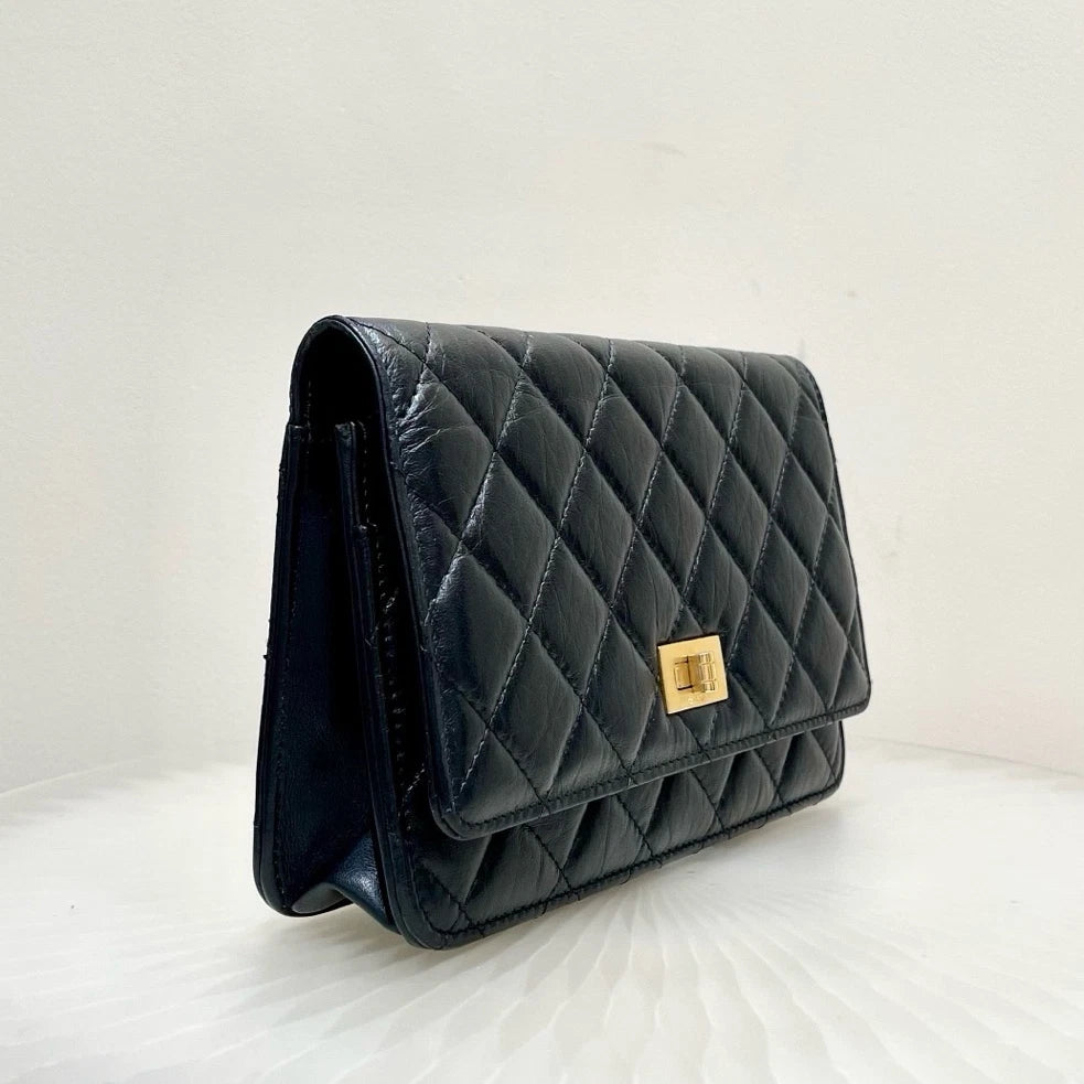 Chanel 2.55 WOC Calfskin Shoulder Bag Crossbody Black Gold Women Diamond