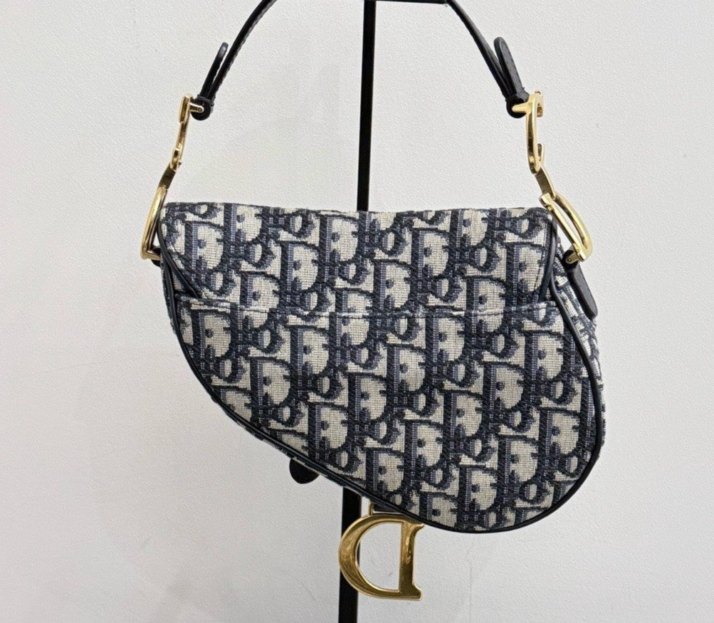 Christian Dior Saddle Oblique PM Top Handle Shoulder Bag Crossbody Black Women