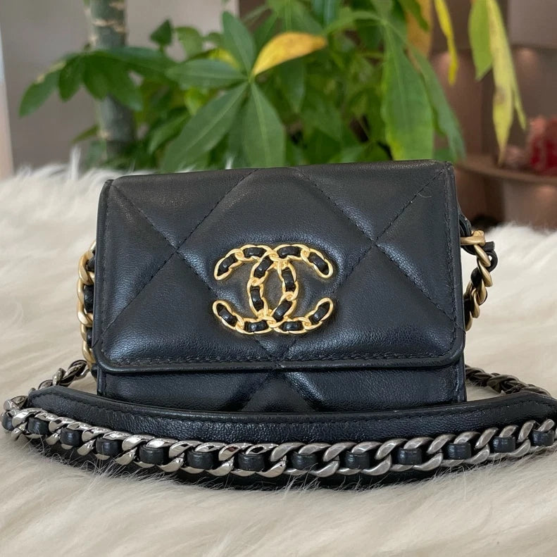 Chanel 19 Mini Flap Bag Black Gold Quilted Chain Crossbody Classic