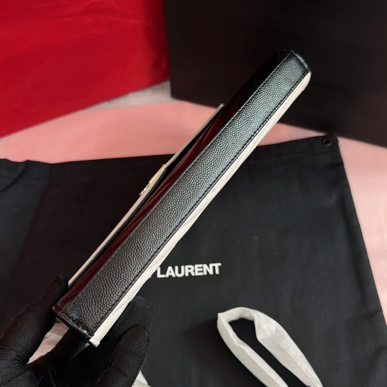 Saint Laurent Envelope MM Calfskin Chain Shoulder Crossbody Black White Women