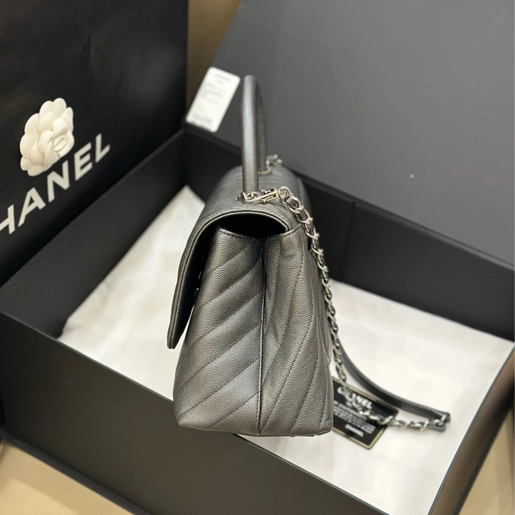CHANEL Gray Caviar Leather Medium Coco Handle Bag For Women