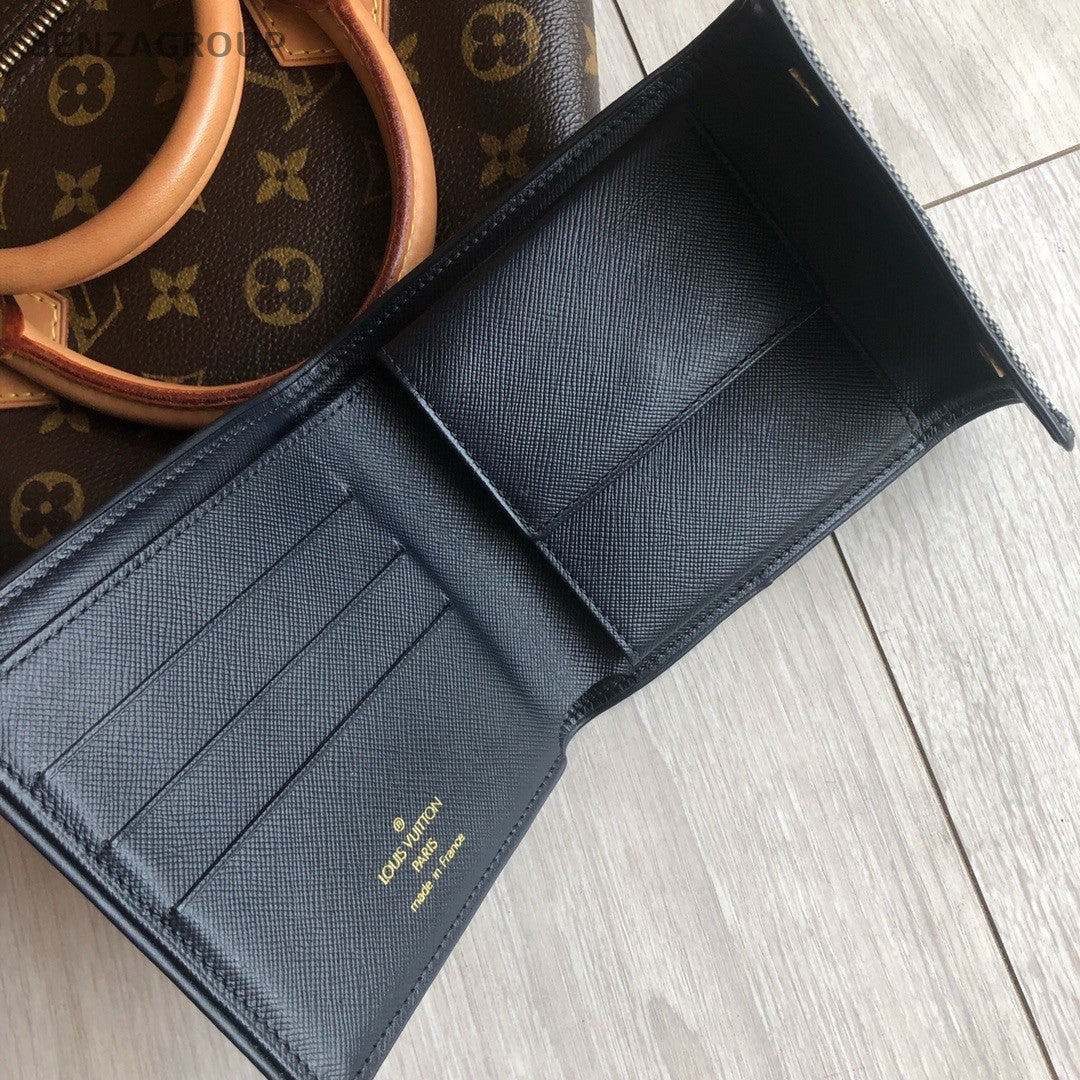 Louis Vuitton Denim Canvas Compact Wallet Gray Unisex Adults