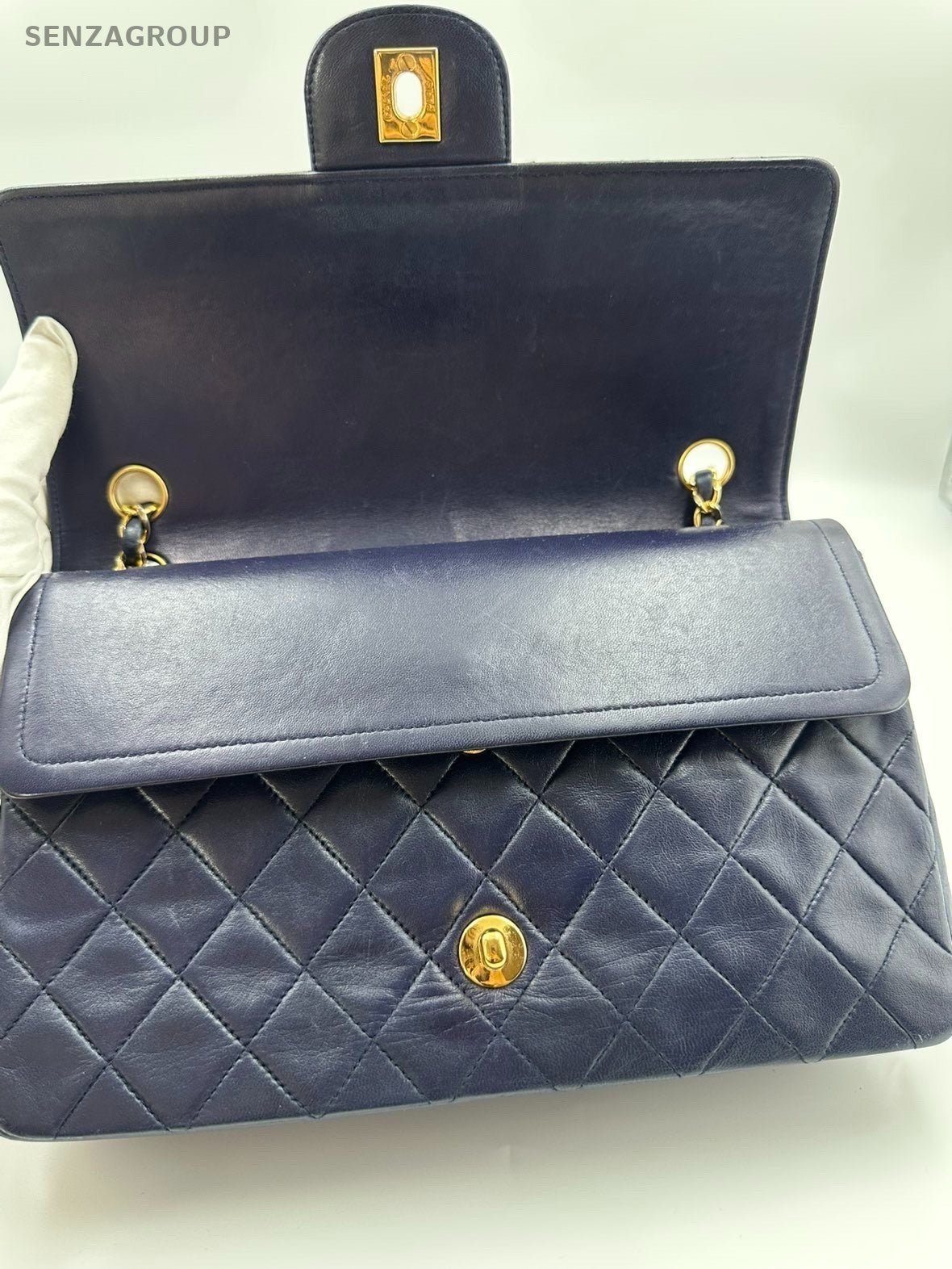 Chanel Classic Flap Lambskin MM Chain Shoulder Crossbody Blue Gold Women Vintage