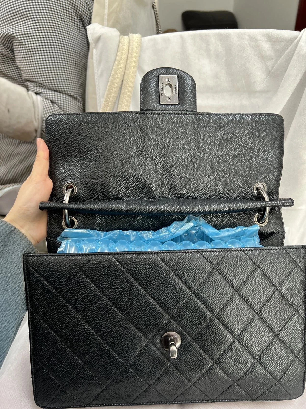 Chanel Bombay Calfskin Chain Shoulder Bag Black Silver Women Classic