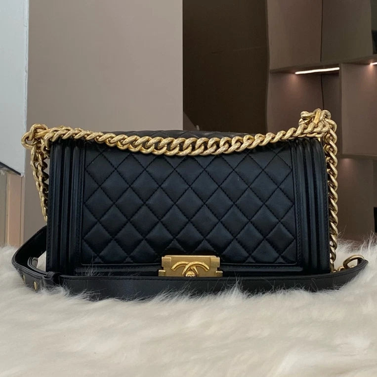 Chanel Le Boy Medium Black Gold Chain Shoulder Crossbody Bag Classic