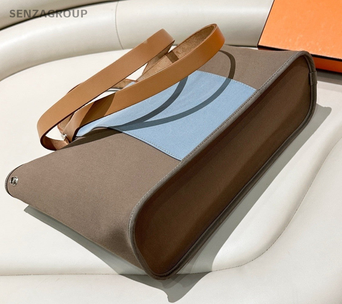 Hermès Canvas Leather Top Handle Shoulder Bag Women Gray
