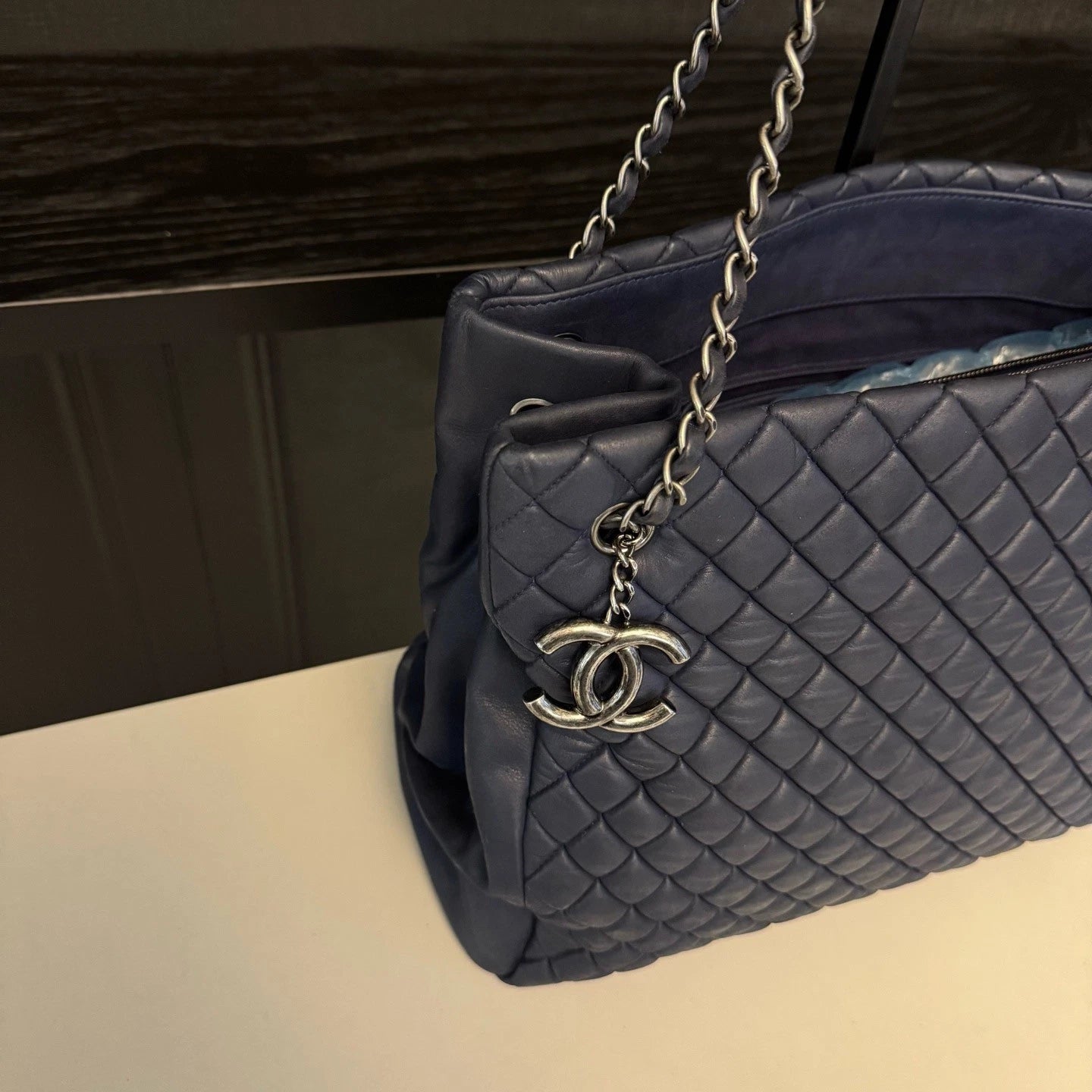 Chanel Bubble Quilt Tote Chain Shoulder Bag Blue Silver Women Diamond Classic
