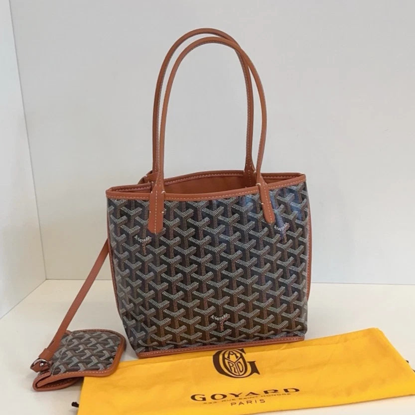 Goyard Anjou Mini Tote Top Handle Shoulder Bag Black Brown Excellent