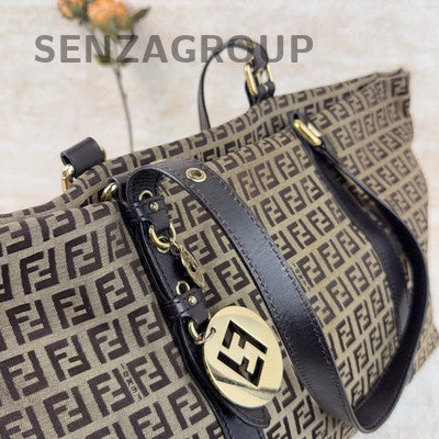 Vintage Fendi Monogram Tote Shoulder Bag Brown Gold Hardware Classic Women