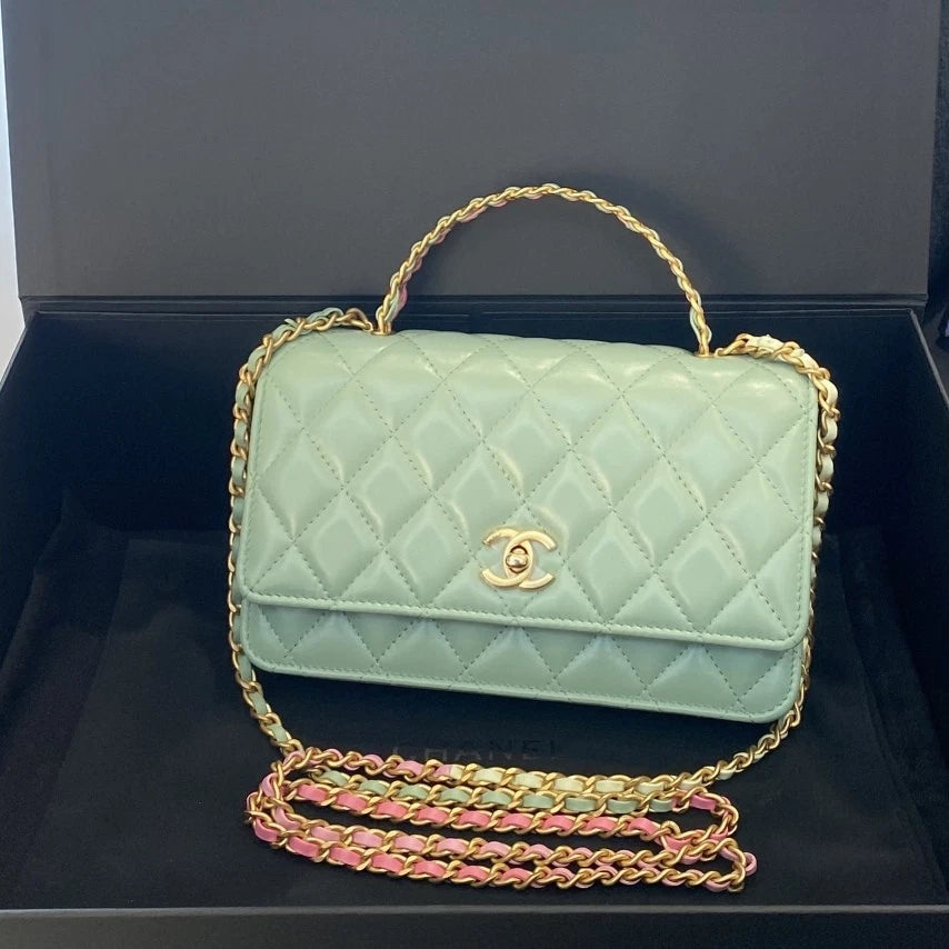 Chanel WOC Lambskin Diamond Top Handle Crossbody Green Gold Women Classic D
