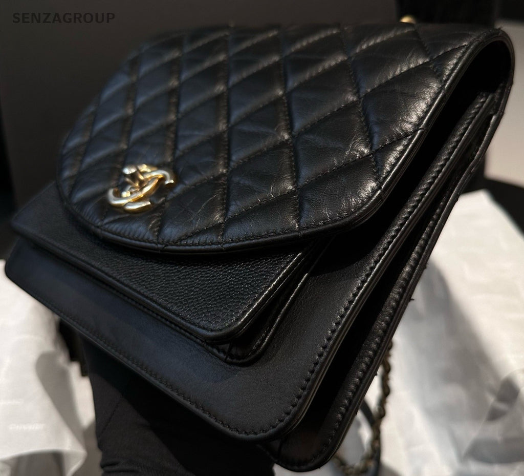 Chanel Diamond Chain Top Handle Bag Crossbody Black Gold Women Classic Fashion