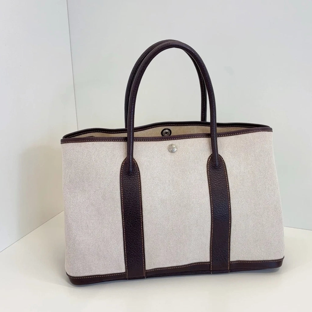 Hermes Garden Party36 Canvas Top Handle Bag White Brown Silver Women Classic