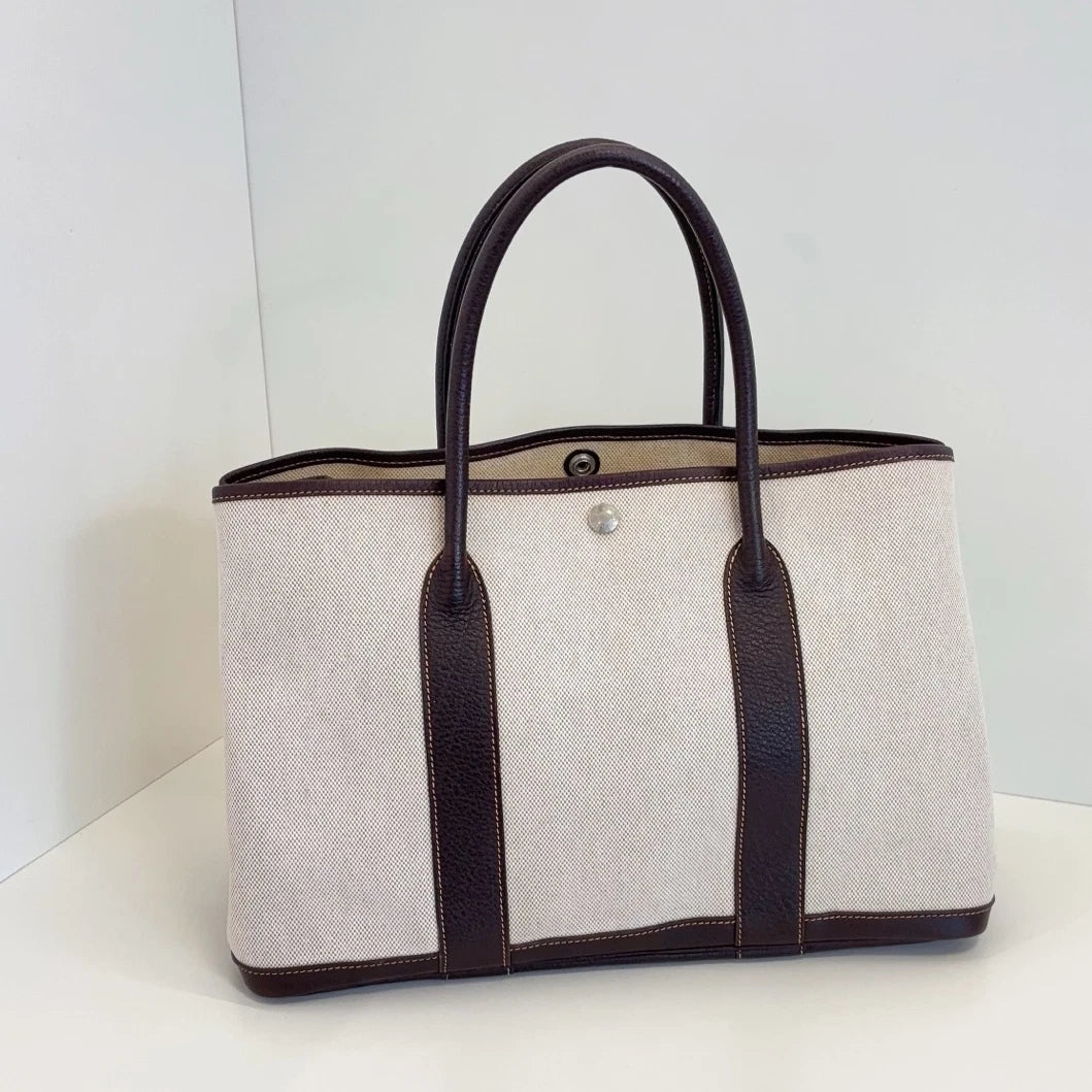 Hermes Garden Party36 Canvas Top Handle Bag White Brown Silver Women Classic