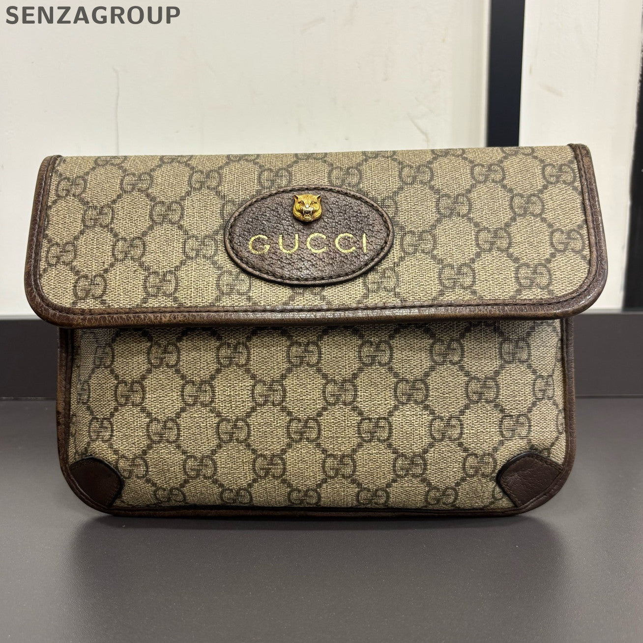 Gucci Tiger Head Camera Bag GG Monogram Brown Crossbody for Women