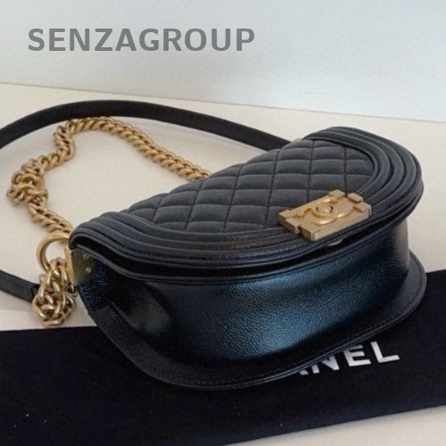 Chanel Leboy Saddle Calfskin Chain Shoulder Bag Crossbody Black Gold Women
