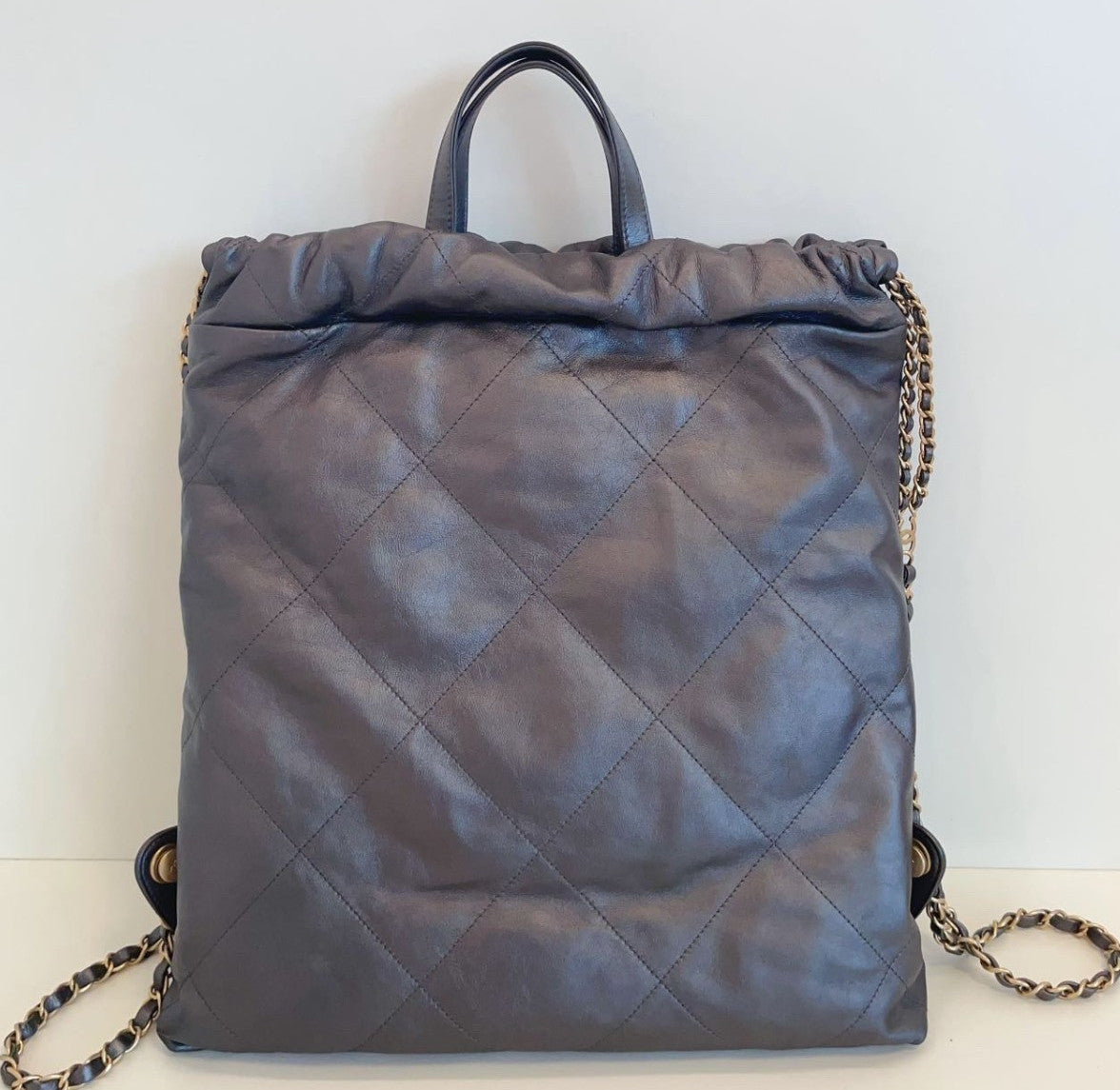 Chanel 222Bag Diamond Chain Backpack Gray Gold Used Women Classic