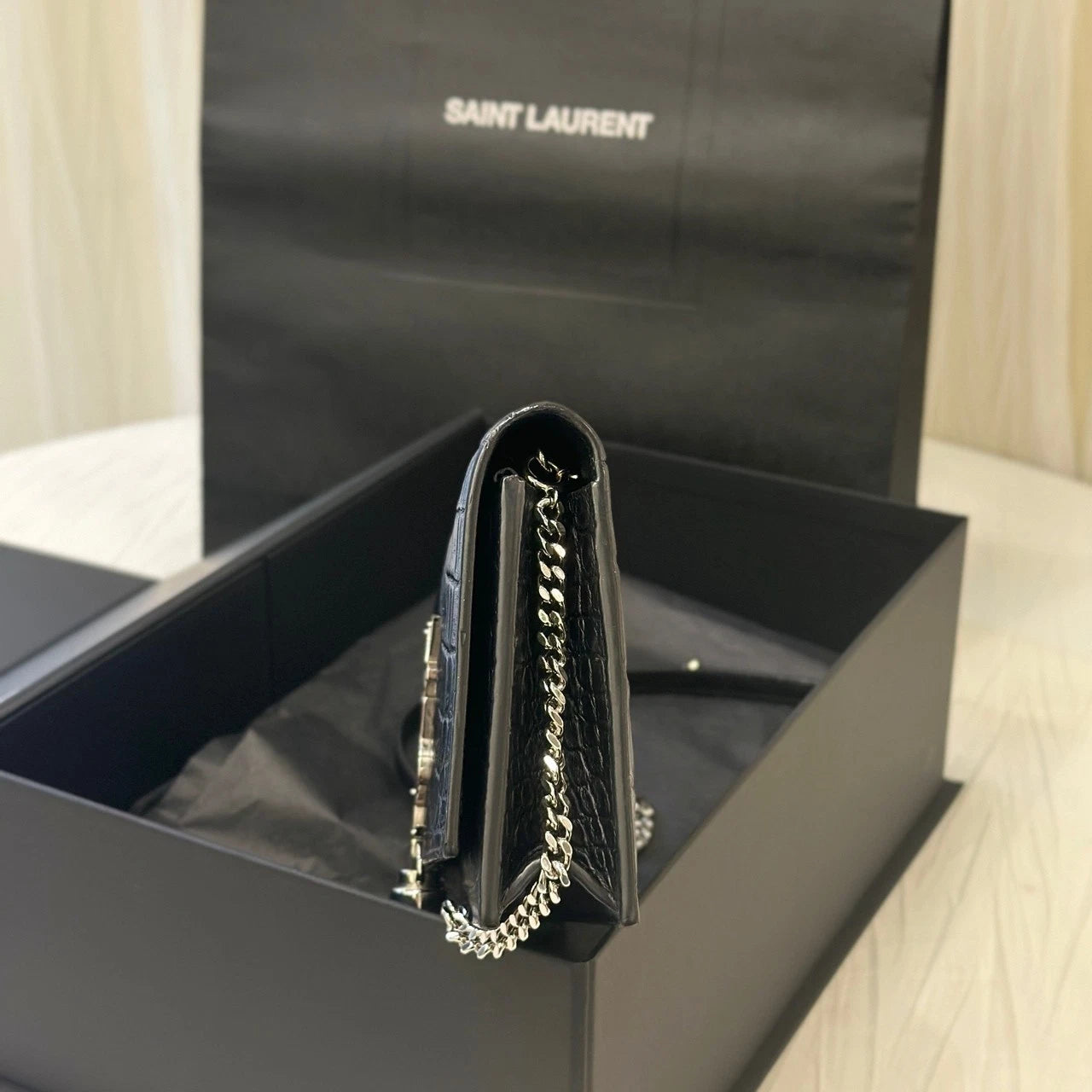 YSL Mini Croc Embossed Black Silver Chain Shoulder Bag For Women