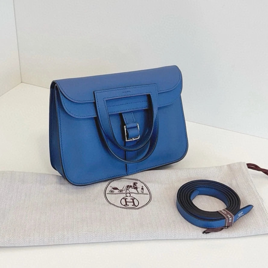 Hermes Halzan Mini Top Handle Crossbody Blue Silver Women Classic Fashion