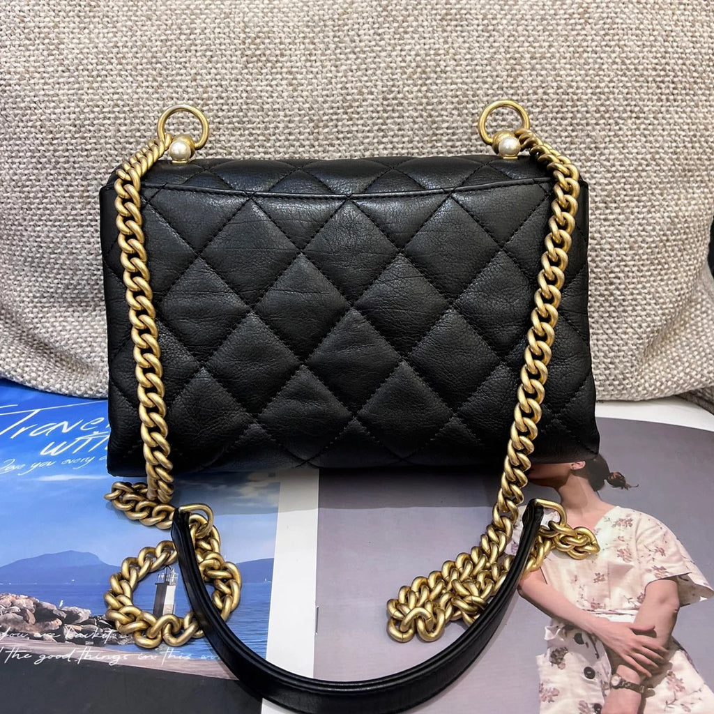 Chanel Pearl CC Flap Bag Chain Shoulder Crossbody Black Gold Women Classic