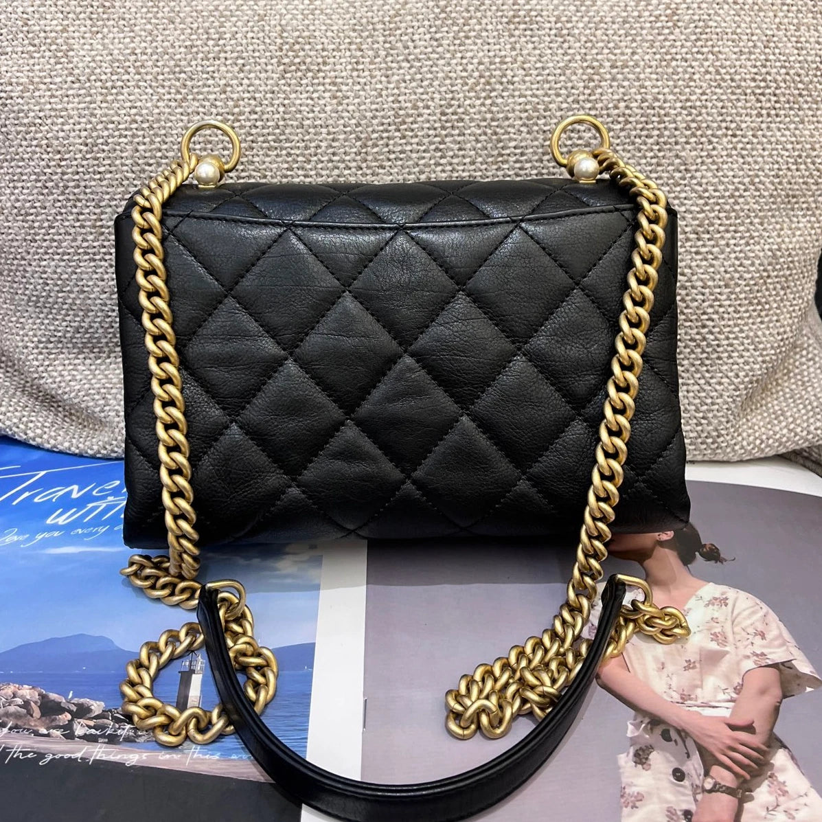 Chanel Pearl CC Flap Bag Chain Shoulder Crossbody Black Gold Women Classic