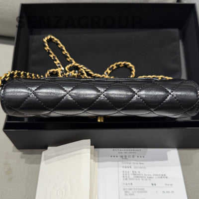 Chanel 24B WOC Quilted Chain Shoulder Bag Black Gold Women's Fashion