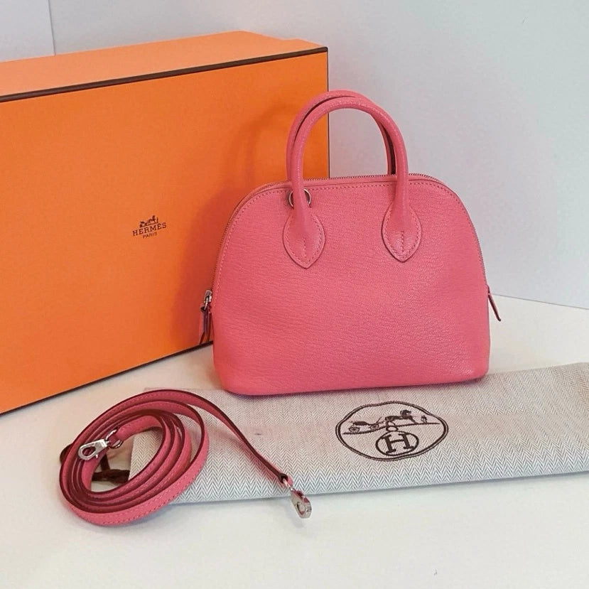 Hermes Bolide Mini Lambskin Top Handle Crossbody Pink Silver Women Classic