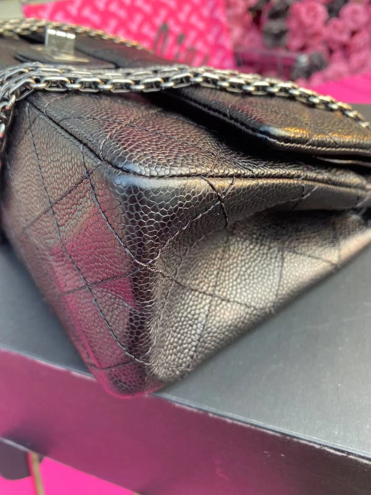 CHANEL Black Silver Leather Shoulder Crossbody Bag For Women