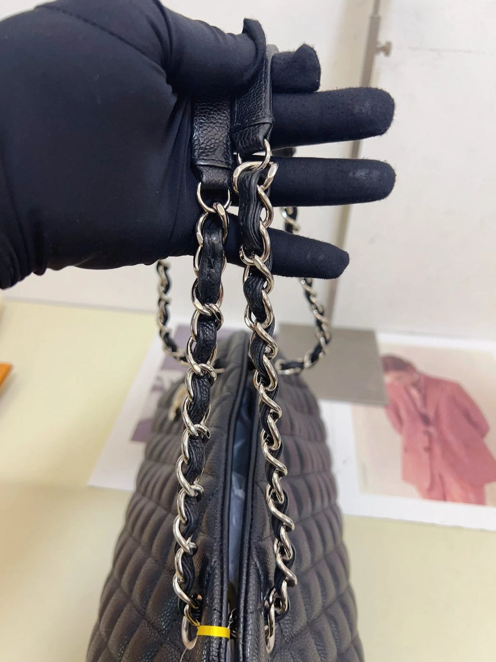 Chanel Bowling Calfskin Chain Shoulder Bag Diamond Black Silver Excellent