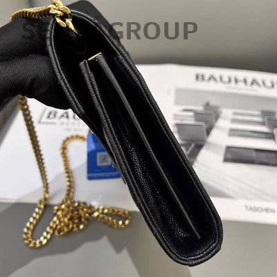 Saint Laurent YSL Caviar V-Pattern Leather Shoulder Crossbody Bag Black Gold