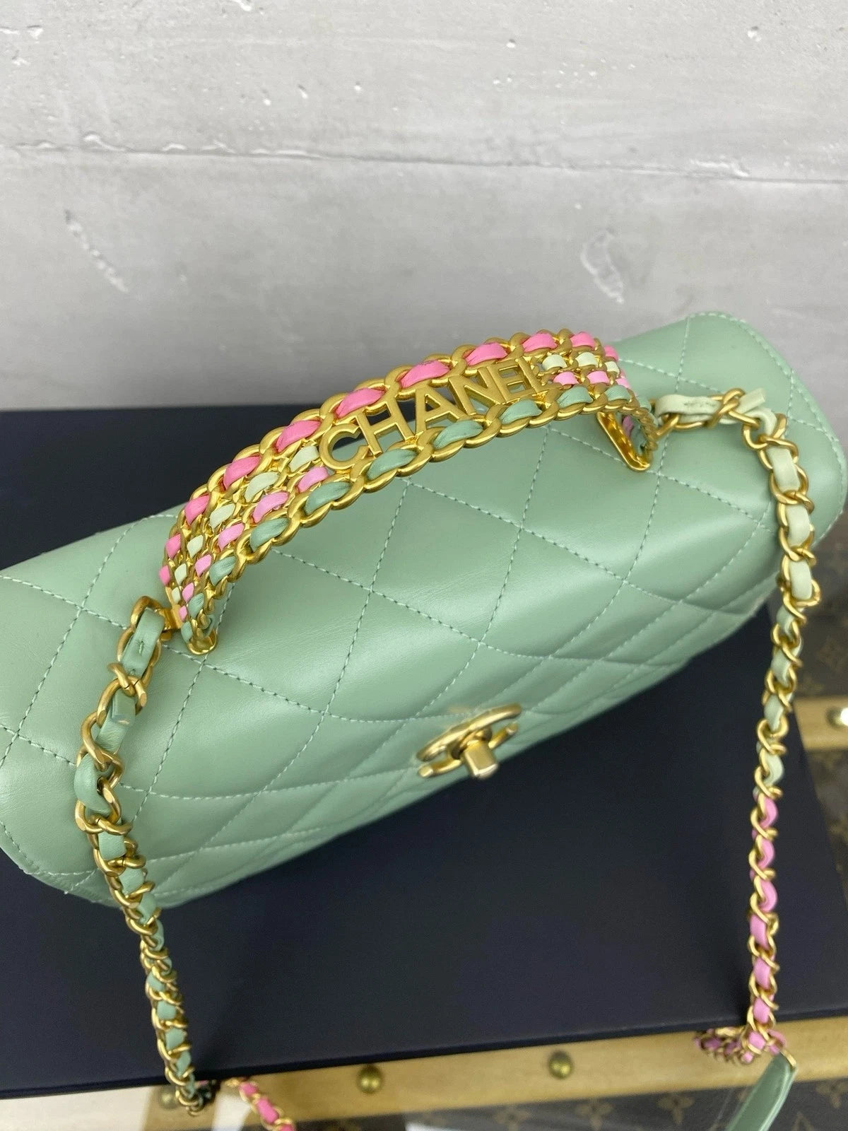 CHANEL Green Leather Top Handle Flap Crossbody Bag For Women