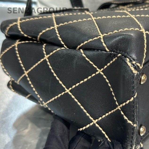 Chanel Calfskin Diamond Pattern Top Handle Bag Black Used Women Classic