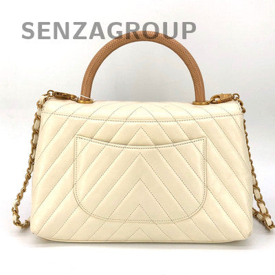 Chanel White Gold V-Pattern Calfskin Handbag Chain Strap Classic Fashion