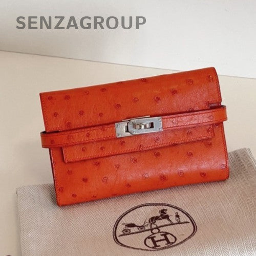 Hermes Kelly Wallet Chain Crossbody Orange Silver Used Women Classic Fashion