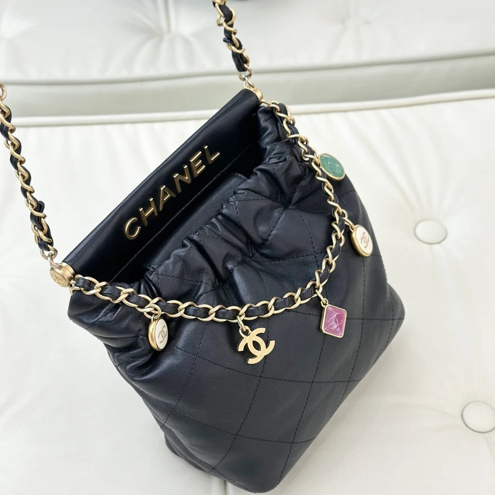 Chanel Lambskin Chain Shoulder Crossbody Bag Black Gold Women Classic S