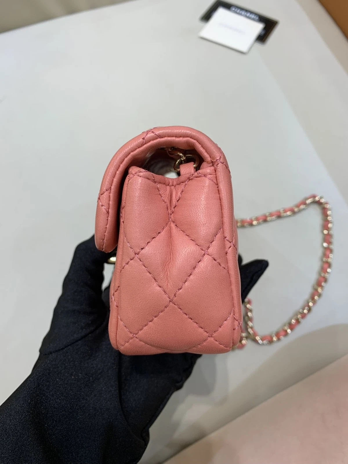 CHANEL Peach Pink Gold Buckle Mini Heart Badge Crossbody Bag Women