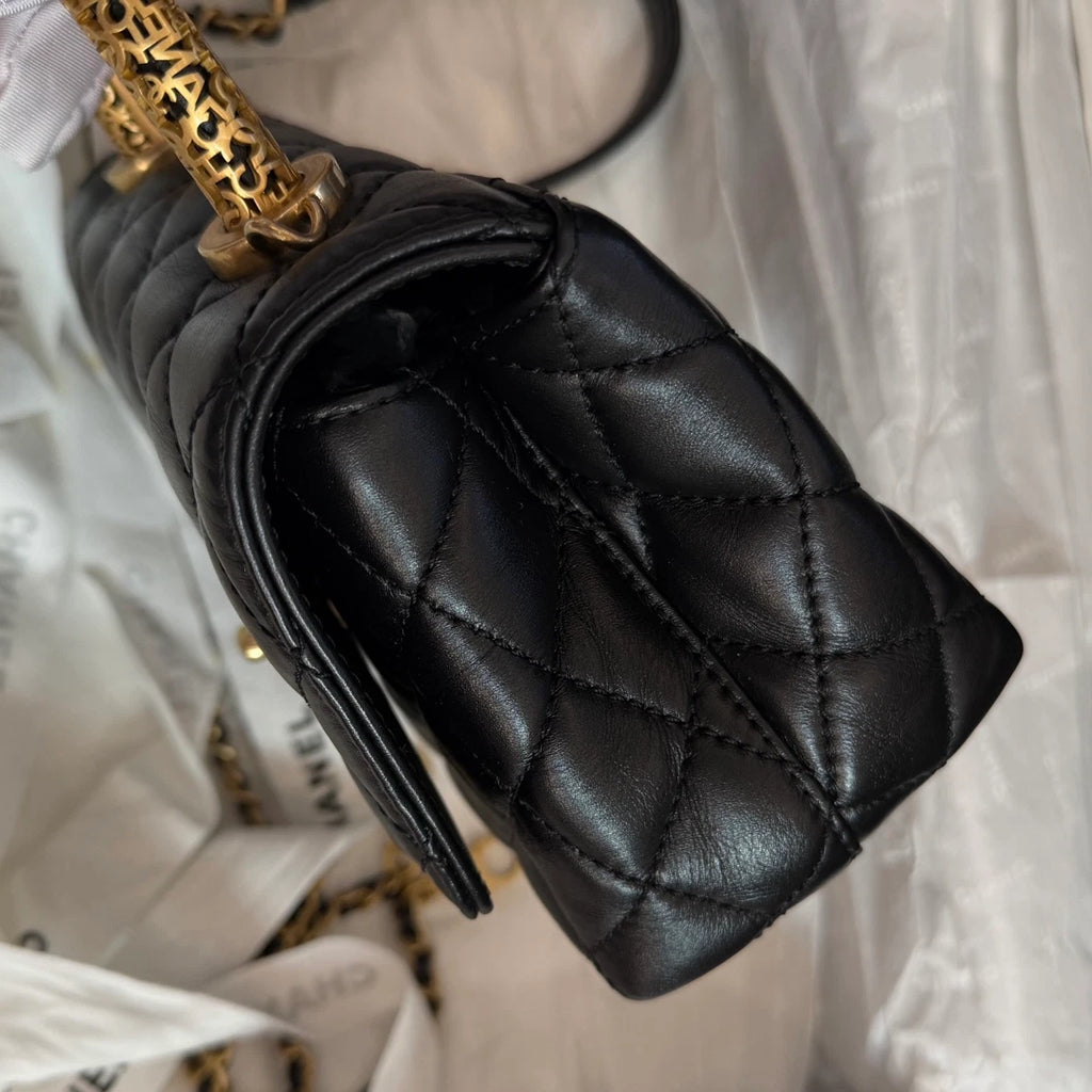 Chanel Cocohandle Mini Chain Lambskin Top Handle Crossbody Black Gold Women