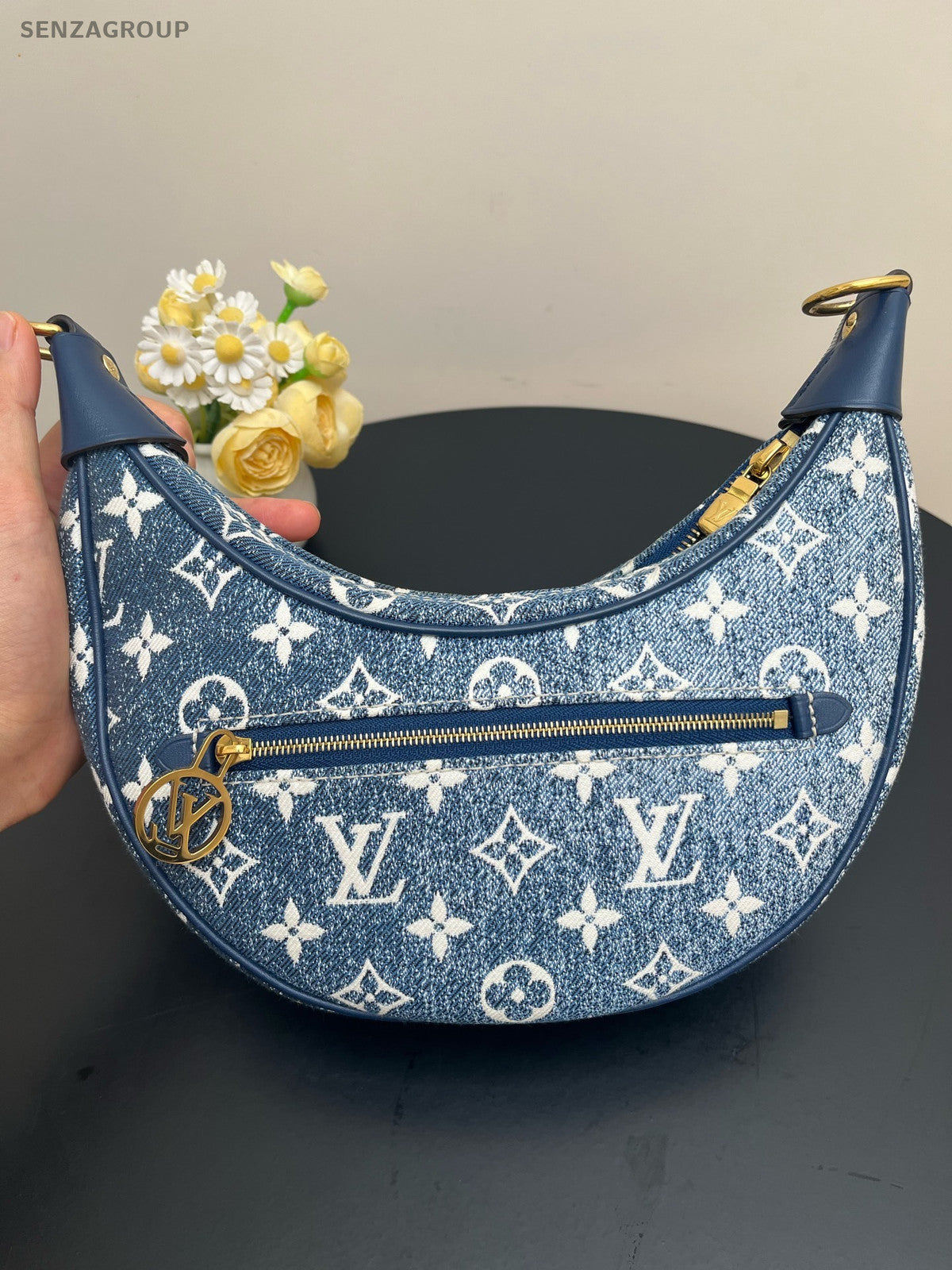 Louis Vuitton Denim Monogram Chain Shoulder Bag Blue Gold Women