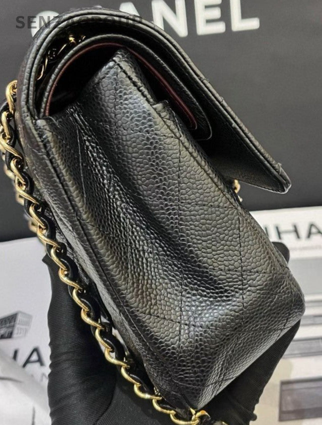Chanel Classic Flap Calfskin Leather MM Chain Shoulder Bag Black Gold Women
