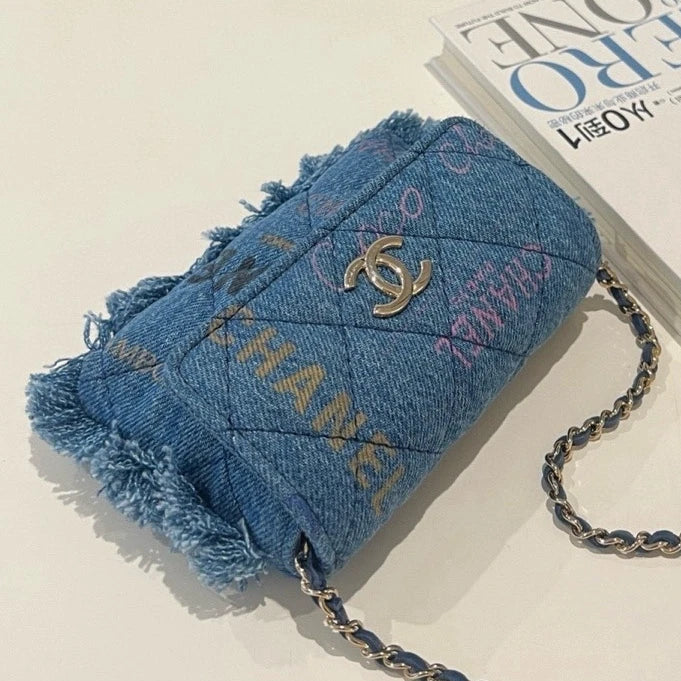 CHANEL Denim Fringe Trim Flap Shoulder Crossbody Bag