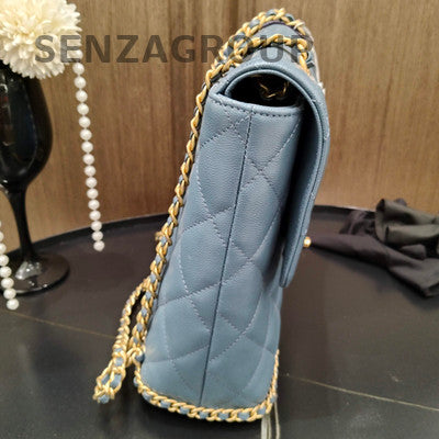 Chanel Blue Gold Camellia Quilted Chain Shoulder Backpack Classic Fashion